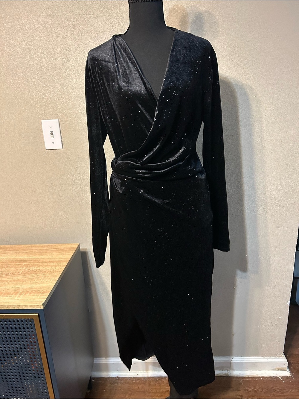 Double Crazy L Black Glitter Velvet Wrap Midi Dress Long Sleeve Ruched Slit